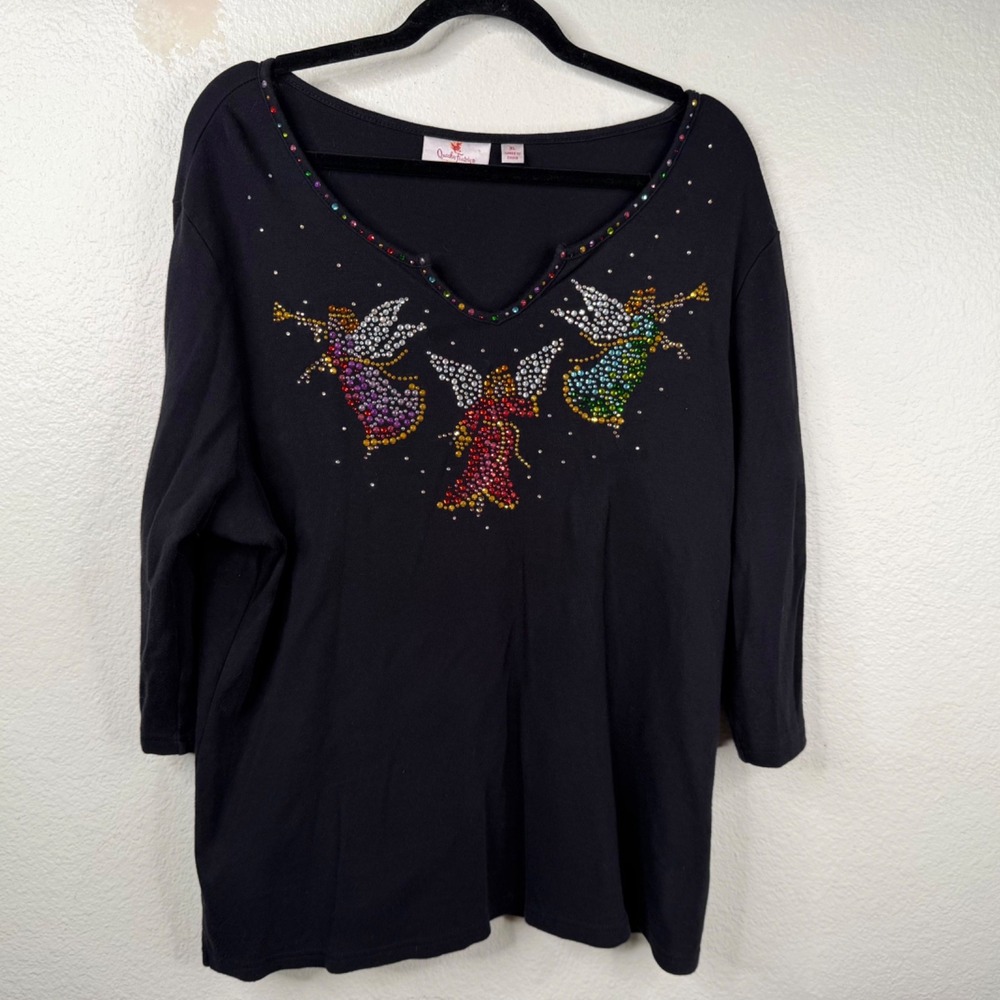 Quacker Factory Angels Christmas Bling Rhinestones 3/4 Sleeves Black Sz XL